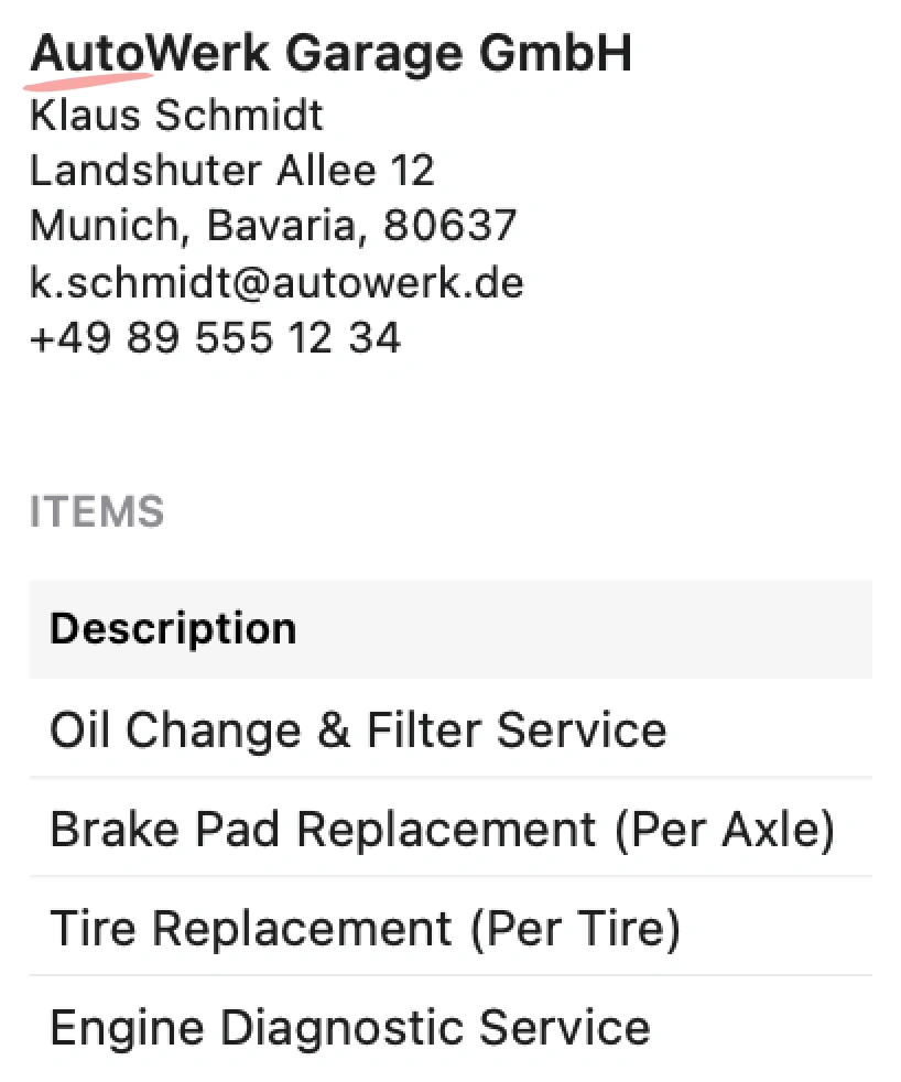 Invoiceur invoice snippet illustrating a profession or business