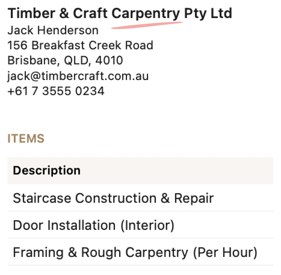 Invoiceur invoice snippet illustrating a profession or business