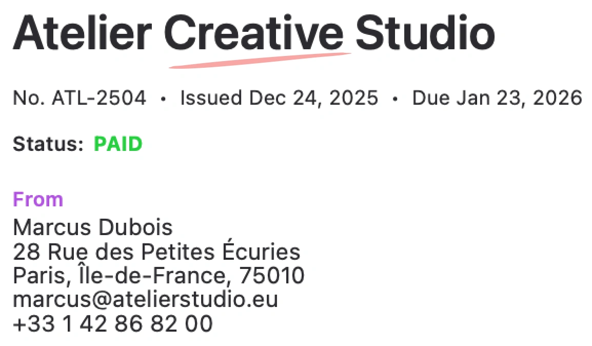 Invoiceur invoice snippet illustrating a profession or business