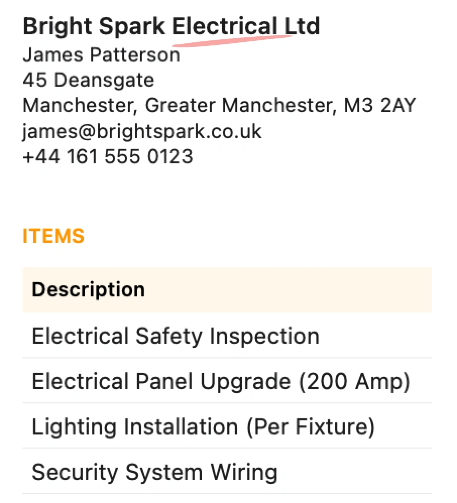 Invoiceur invoice snippet illustrating a profession or business